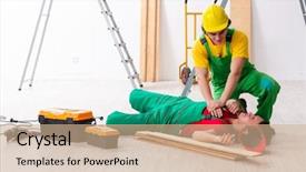  Presentation with fall protection - Beautiful PPT theme featuring fall protection safety - injured worker and his workmate backdrop and a coral colored foreground