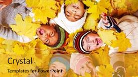  Presentation with multicolored autumn leaves orange yellow red - Theme consisting of fall season - autumnal screaming kids group background and a gold colored foreground