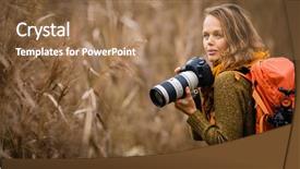  Presentation with female - Slide deck enhanced with fall skies space - pretty female photographer taking pictures background and a  colored foreground