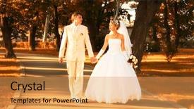  Presentation with bride - Slide deck with fall wedding - bride and groom walking background and a yellow colored foreground
