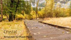  Presentation with autumn morning - PPT theme with fallen yellow autumn leaves on the boardwalk meadow in yosemite national park valley with yosemite falls at cloudy autumn morning low clouds lay in the valley california usa background and a yellow colored foreground