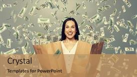  Presentation with paper bag - Colorful slides enhanced with catch falling - excited businesswoman standing under dollar's backdrop and a coral colored foreground