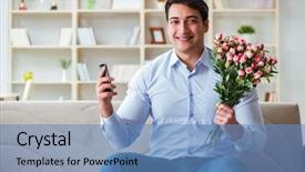  Presentation with young - PPT theme featuring falling roses - young man chatting with his background and a  colored foreground