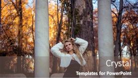  Presentation with melancholy - Slides featuring falling scene of autumn and winter beautiful blond woman with gestures of melancholy dressed in grey coat background and a violet colored foreground