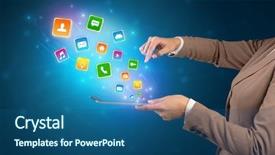  Presentation with hands holding black tablet - Amazing PPT layouts having falls index - hand holding tablet and application backdrop and a  colored foreground