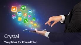  Presentation with trophy award hand holding - Theme with falls index - hand holding tablet and application background and a  colored foreground