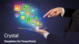  Presentation with hands holding black tablet - Slide deck with falls index - hand holding tablet and application background and a  colored foreground