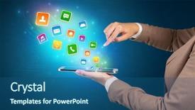  Presentation with hands holding black tablet - Audience pleasing presentation design consisting of falls index - hand holding tablet and application backdrop and a ocean colored foreground