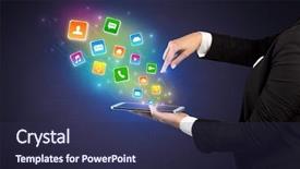  Presentation with hands holding black tablet - Presentation design enhanced with falls index - hand holding tablet and application background and a  colored foreground