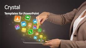  Presentation with hands holding black tablet - Cool new slide deck with falls index - hand holding tablet and application backdrop and a  colored foreground