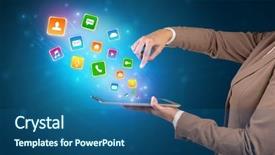  Presentation with hands holding black tablet - Audience pleasing PPT theme consisting of falls index - hand holding tablet and application backdrop and a ocean colored foreground