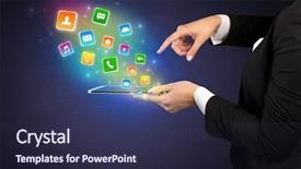  Presentation with application - Cool new theme with falls index - hand holding tablet and application backdrop and a tawny brown colored foreground