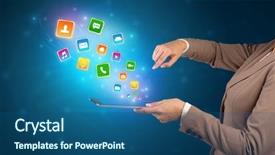  Presentation with hands holding black tablet - PPT layouts enhanced with falls index - hand holding tablet and application background and a ocean colored foreground