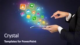  Presentation with application - PPT layouts featuring falls index - hand holding tablet and application background and a navy blue colored foreground