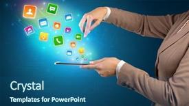  Presentation with application - Beautiful PPT theme featuring falls index - hand holding tablet and application backdrop and a ocean colored foreground