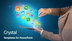  Presentation with hands holding black tablet - Presentation theme consisting of falls index - hand holding tablet and application background and a ocean colored foreground