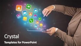  Presentation with application - Amazing slide deck having falls index - hand holding tablet and application backdrop and a dark gray colored foreground