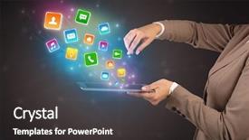  Presentation with application - Beautiful PPT layouts featuring falls index - hand holding tablet and application backdrop and a dark gray colored foreground