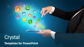  Presentation with hand holding puzzle piece - Theme featuring falls index - hand holding tablet and application background and a ocean colored foreground