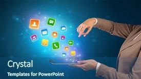  Presentation with hands holding black tablet - Audience pleasing presentation design consisting of falls index - hand holding tablet and application backdrop and a ocean colored foreground