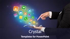  Presentation with application - Cool new PPT theme with falls index - hand holding tablet and application backdrop and a navy blue colored foreground