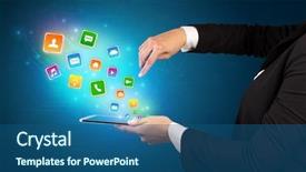  Presentation with hands holding black tablet - Beautiful presentation theme featuring falls index - hand holding tablet and application backdrop and a  colored foreground