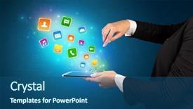  Presentation with hand holding puzzle piece - Beautiful PPT theme featuring falls index - hand holding tablet and application backdrop and a  colored foreground