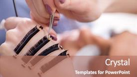  Presentation with beautiful young woman getting face - Beautiful PPT theme featuring false master - young woman getting eyelash extension backdrop and a  colored foreground