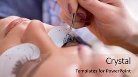  Presentation with beautiful young woman getting face - Colorful theme enhanced with false master - young woman getting eyelash extension backdrop and a  colored foreground