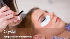  Presentation with beautiful young woman getting face - Presentation theme having false master - young woman getting eyelash extension background and a tawny brown colored foreground