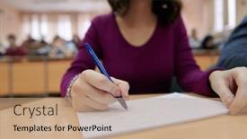  Presentation with pen - Theme consisting of famale-student-using-pen background and a coral colored foreground