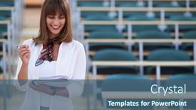  Presentation with pen - PPT theme consisting of famale-student-using-pen background and a ocean colored foreground