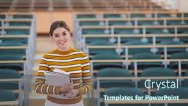  Presentation with pen - Cool new slide set with famale-student-using-pen backdrop and a ocean colored foreground