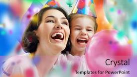  Presentation with displaying a happy mother cudd - Audience pleasing PPT theme consisting of families party - daughter and mother are happy backdrop and a coral colored foreground