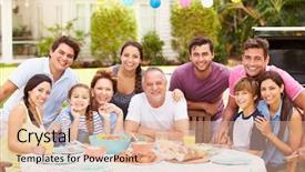  Presentation with generation - Presentation design with families party - multi generation family enjoying meal background and a coral colored foreground