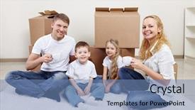  Presentation with families - Slide deck with families with children drinking tea on a background of cardboard boxes background and a teal colored foreground