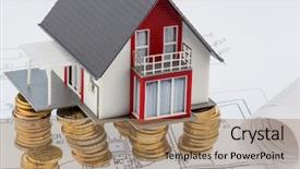  Presentation with house building - Cool new theme with familiy - residential house on blueprint symbolfoto backdrop and a coral colored foreground