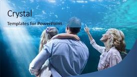  Presentation with fish aquarium - Colorful presentation design enhanced with familly looking at fish tank backdrop and a light blue colored foreground