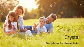  Presentation with green nature - Cool new slides with family - children in green nature make backdrop and a yellow colored foreground