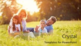  Presentation with pink and green nature - Presentation theme having family - children in green nature make background and a yellow colored foreground