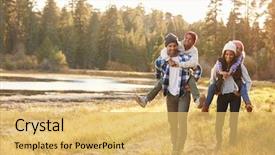  Presentation with family children - Colorful slide set enhanced with family - parents giving children piggyback ride backdrop and a yellow colored foreground