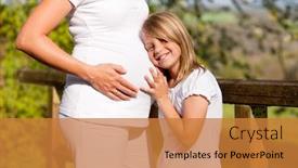  Presentation with pregnant mother - Cool new PPT theme with family affairs - girl is touching round belly of her pregnant mother in eager anticipation of the new child backdrop and a gold colored foreground