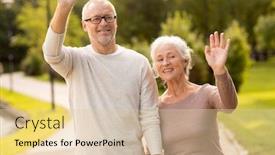  Presentation with family tourism - Beautiful slides featuring family age tourism gesture and people concept - senior couple waving hands in city park backdrop and a lemonade colored foreground