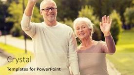  Presentation with family tourism - PPT theme having family age tourism gesture and people concept - senior couple waving hands in city park background and a lemonade colored foreground