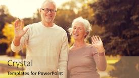  Presentation with family tourism - Amazing slide deck having family age tourism gesture and people concept - senior couple waving hands in city park backdrop and a coral colored foreground