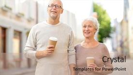  Presentation with family tourism - Beautiful presentation theme featuring family age tourism travel and people concept - senior couple on city street backdrop and a coral colored foreground