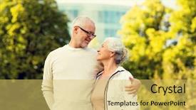  Presentation with family tourism - Cool new slide deck with family age tourism travel and people concept - senior couple hugging in city park backdrop and a yellow colored foreground