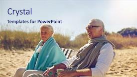  Presentation with family tourism - Cool new theme with family age travel tourism and people concept - happy senior couple resting in folding chairs on summer beach backdrop and a sky blue colored foreground