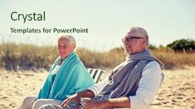  Presentation with family tourism - PPT layouts having family age travel tourism and people concept - happy senior couple resting in folding chairs on summer beach background and a sky blue colored foreground