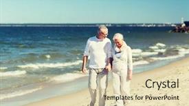 Presentation with holding hands family walking - Slides enhanced with family age travel tourism and people concept - happy senior couple holding hands and walking on summer beach background and a soft green colored foreground